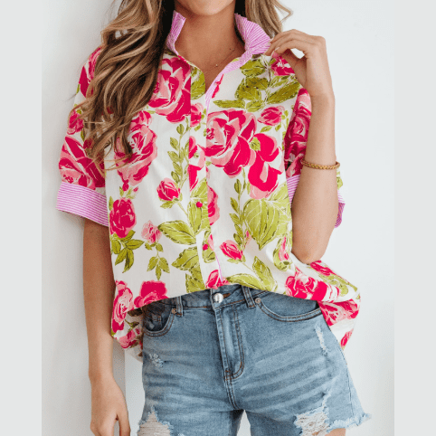 RTS Pink Flower Print Striped Trim Frilled Collar Short Sleeve Shirt