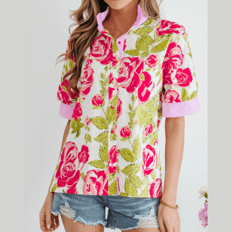 RTS Pink Flower Print Striped Trim Frilled Collar Short Sleeve Shirt