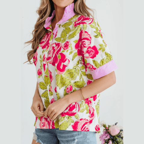 RTS Pink Flower Print Striped Trim Frilled Collar Short Sleeve Shirt