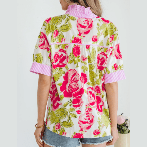 RTS Pink Flower Print Striped Trim Frilled Collar Short Sleeve Shirt