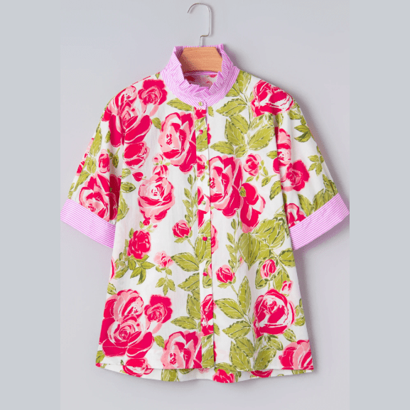 RTS Pink Flower Print Striped Trim Frilled Collar Short Sleeve Shirt