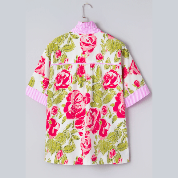 RTS Pink Flower Print Striped Trim Frilled Collar Short Sleeve Shirt