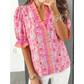 RTS Pink Poppy Flower Striped Print Color Block Trim V Neck Short Sleeve Blouse