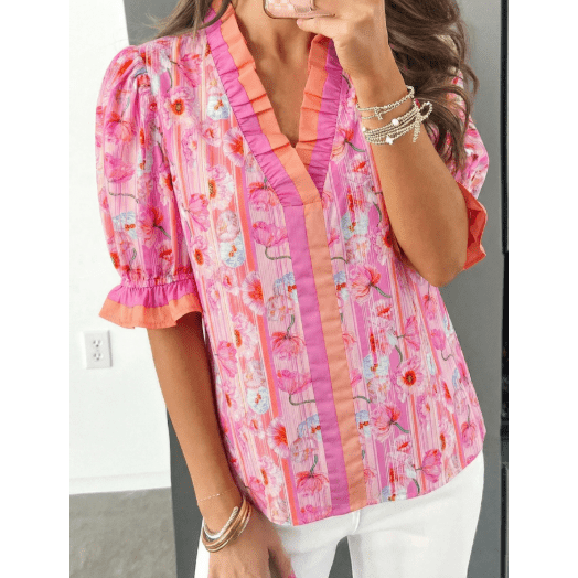 RTS Pink Poppy Flower Striped Print Color Block Trim V Neck Short Sleeve Blouse