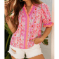 RTS Pink Poppy Flower Striped Print Color Block Trim V Neck Short Sleeve Blouse