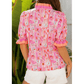 RTS Pink Poppy Flower Striped Print Color Block Trim V Neck Short Sleeve Blouse