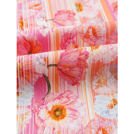 RTS Pink Poppy Flower Striped Print Color Block Trim V Neck Short Sleeve Blouse