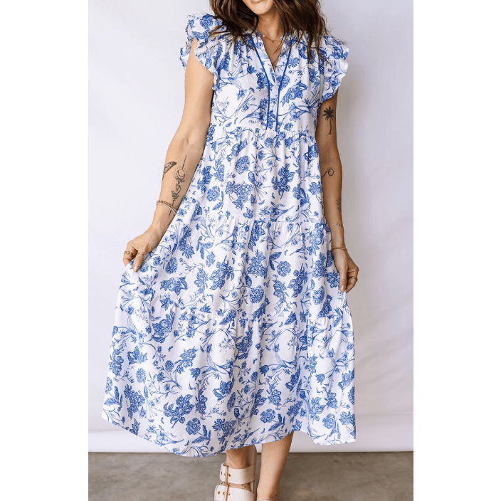 RTS Blue Ruffled Short Sleeve Tiered Floral Midi Dress
