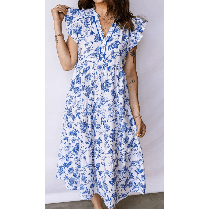 RTS Blue Ruffled Short Sleeve Tiered Floral Midi Dress