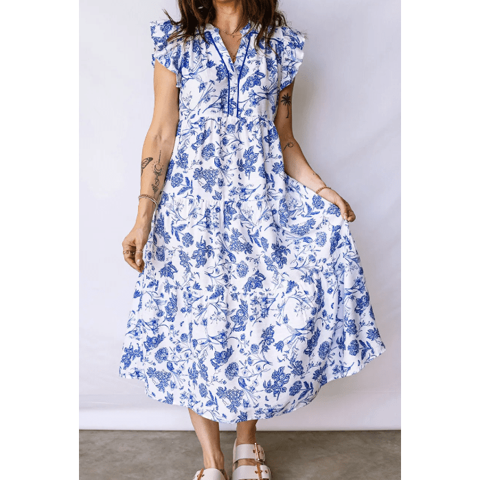 RTS Blue Ruffled Short Sleeve Tiered Floral Midi Dress