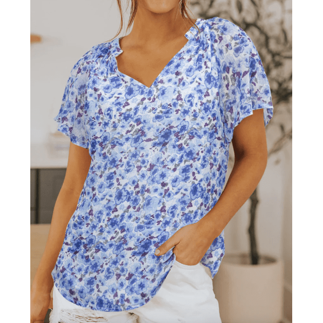 RTS Blue Flutter Sleeve V Neck Floral Summer Blouse