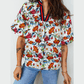 RTS Contrasted V Neckline Floral Puff Short Sleeve Blouse
