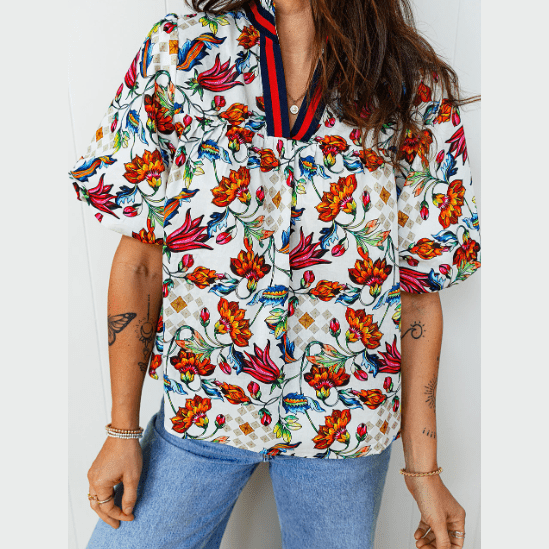 RTS Contrasted V Neckline Floral Puff Short Sleeve Blouse