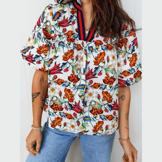 RTS Contrasted V Neckline Floral Puff Short Sleeve Blouse