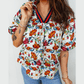 RTS Contrasted V Neckline Floral Puff Short Sleeve Blouse