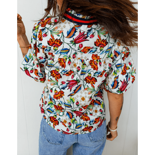 RTS Contrasted V Neckline Floral Puff Short Sleeve Blouse