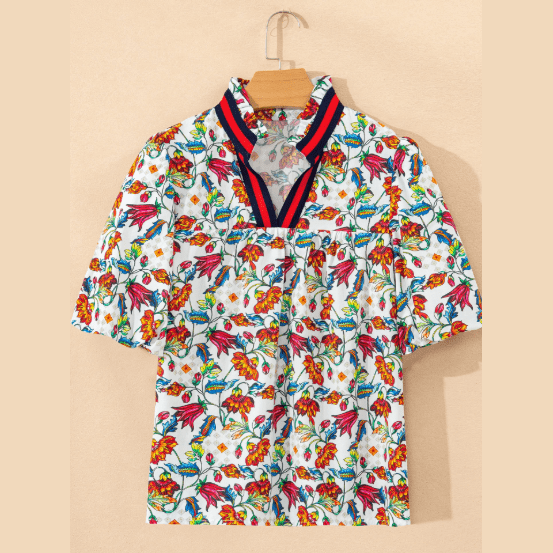 RTS Contrasted V Neckline Floral Puff Short Sleeve Blouse