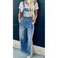 RTS Blue Floral Patchwork Bib Denim Wide Leg Overalls
