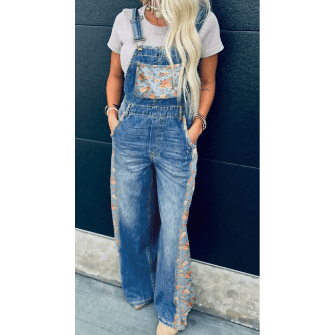 RTS Blue Floral Patchwork Bib Denim Wide Leg Overalls