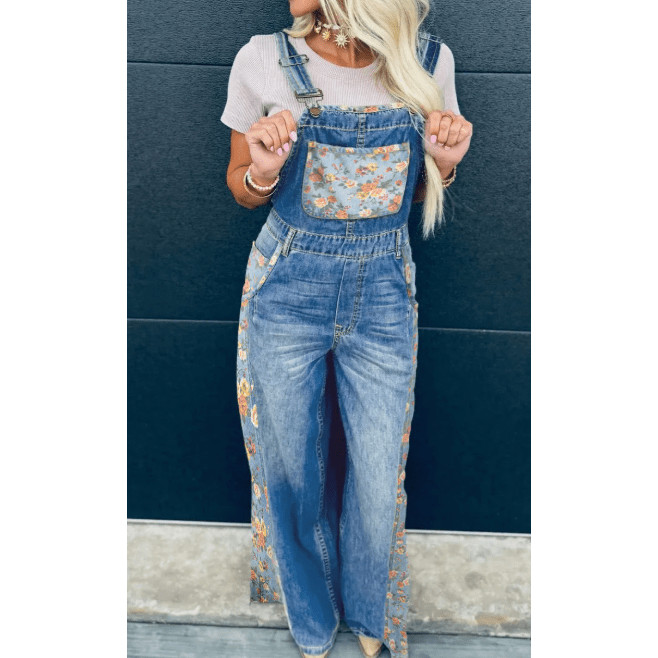 RTS Blue Floral Patchwork Bib Denim Wide Leg Overalls