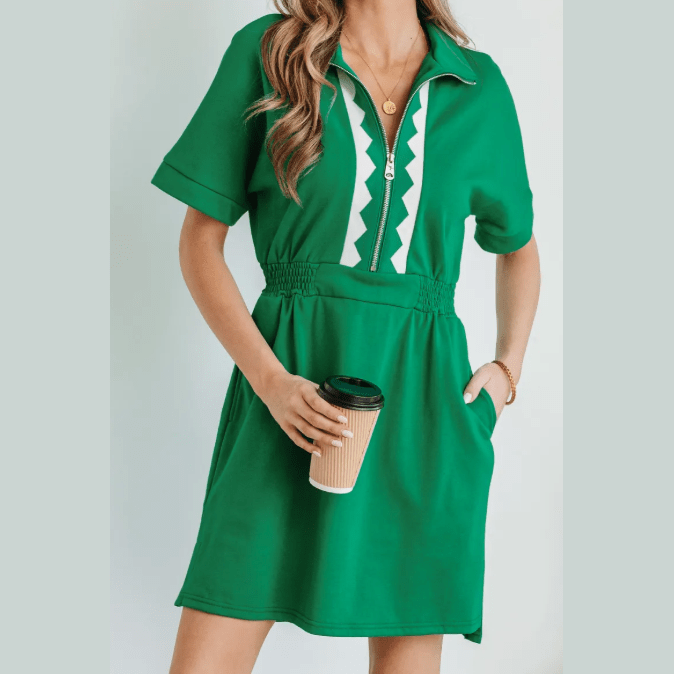 Melony Green Contrast Patchwork Half Zip Elastic Waist Short Sleeve Mini Dress