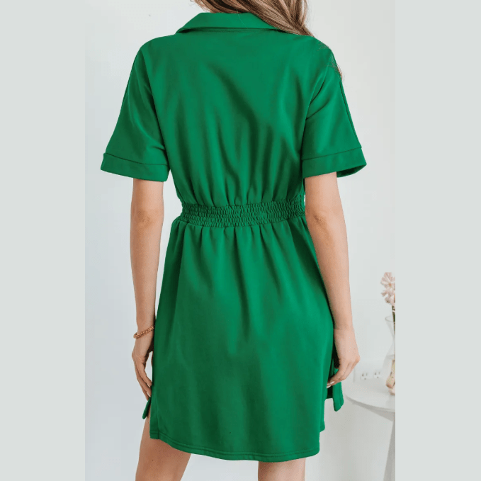 Melony Green Contrast Patchwork Half Zip Elastic Waist Short Sleeve Mini Dress