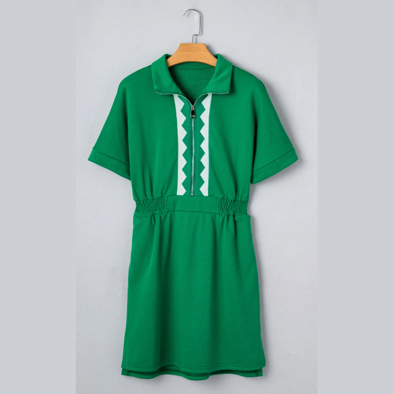Melony Green Contrast Patchwork Half Zip Elastic Waist Short Sleeve Mini Dress