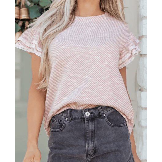 Laverne Light Pink Twilled Print Lace Trim Ruffled Short Sleeve Blouse