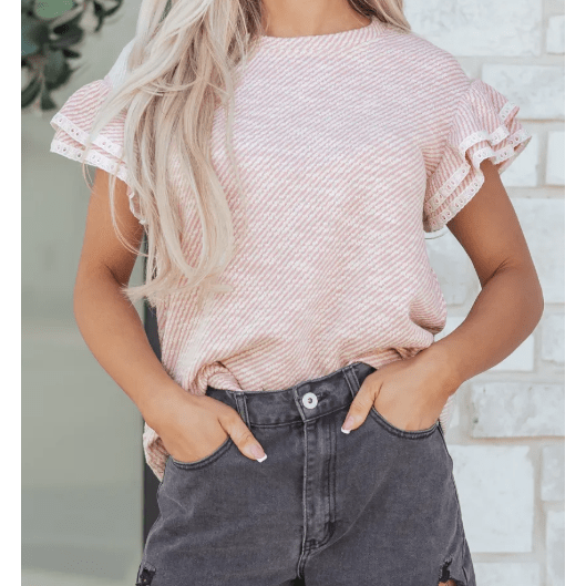 Laverne Light Pink Twilled Print Lace Trim Ruffled Short Sleeve Blouse