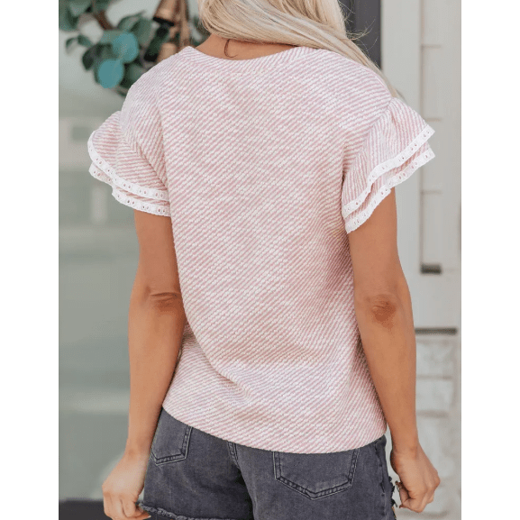 Laverne Light Pink Twilled Print Lace Trim Ruffled Short Sleeve Blouse