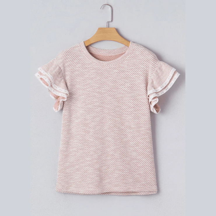 Laverne Light Pink Twilled Print Lace Trim Ruffled Short Sleeve Blouse