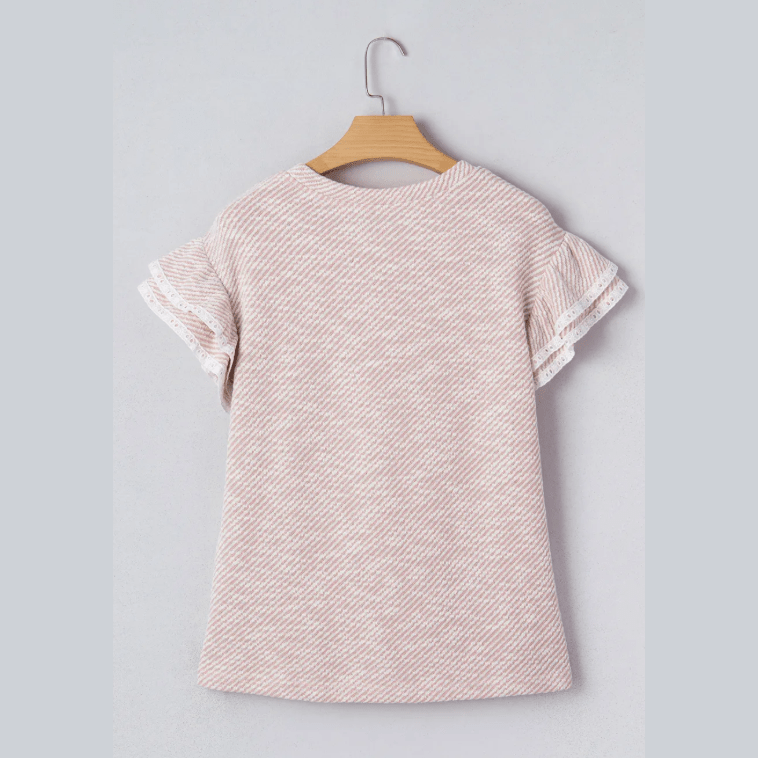 Laverne Light Pink Twilled Print Lace Trim Ruffled Short Sleeve Blouse