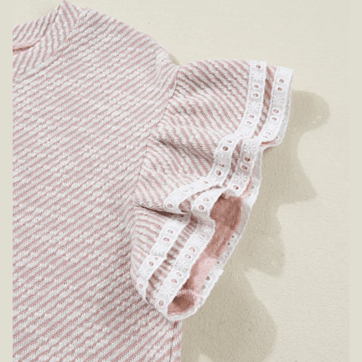 Laverne Light Pink Twilled Print Lace Trim Ruffled Short Sleeve Blouse