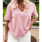 Shea Pink Lacy V Neckline Short Sleeve Sweater