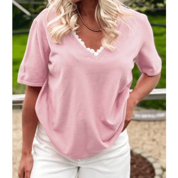 Shea Pink Lacy V Neckline Short Sleeve Sweater