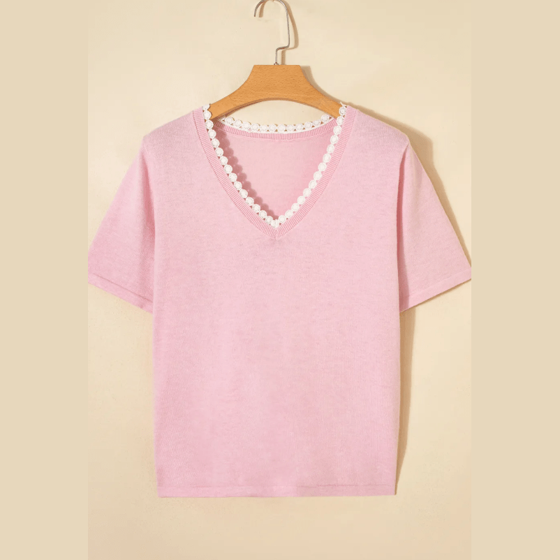 Shea Pink Lacy V Neckline Short Sleeve Sweater