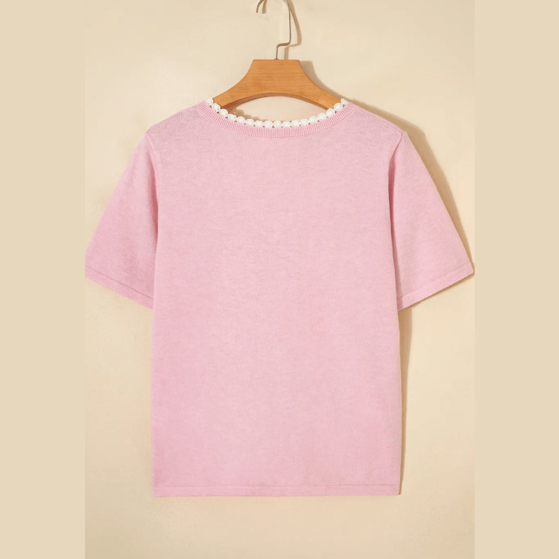 Shea Pink Lacy V Neckline Short Sleeve Sweater