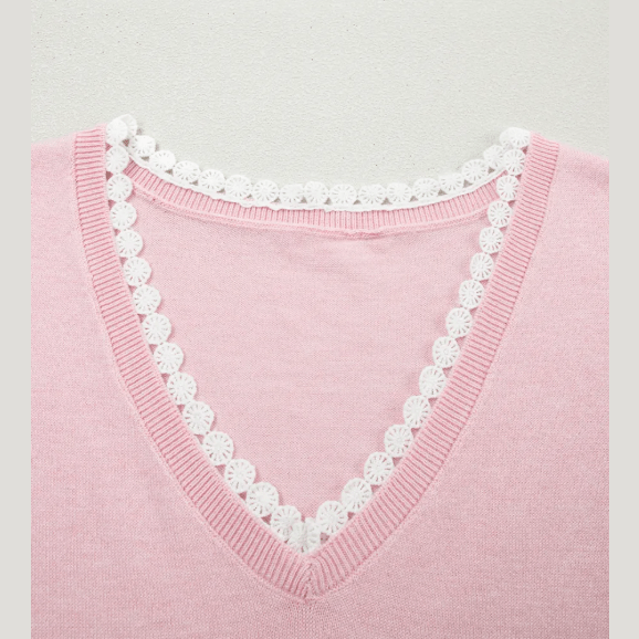 Shea Pink Lacy V Neckline Short Sleeve Sweater