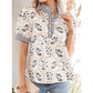 Tate Floral Print Striped Patchwork Button Neck Short Sleeve Blouse