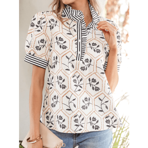 Tate Floral Print Striped Patchwork Button Neck Short Sleeve Blouse