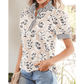 Tate Floral Print Striped Patchwork Button Neck Short Sleeve Blouse