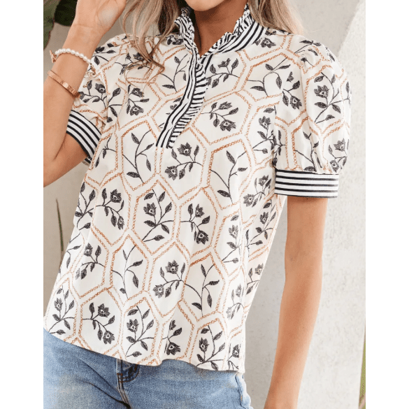 Tate Floral Print Striped Patchwork Button Neck Short Sleeve Blouse