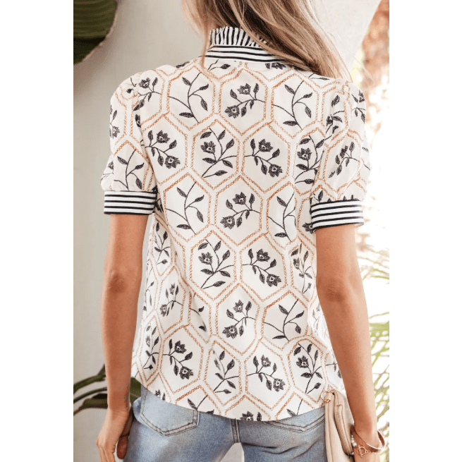 Tate Floral Print Striped Patchwork Button Neck Short Sleeve Blouse