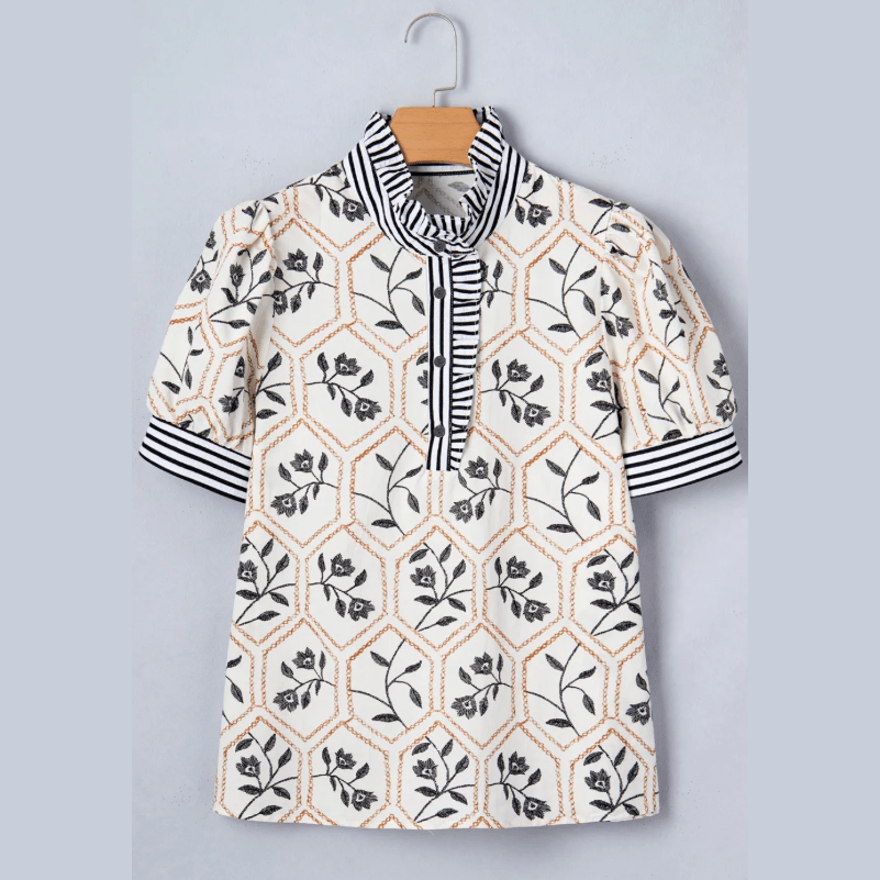 Tate Floral Print Striped Patchwork Button Neck Short Sleeve Blouse