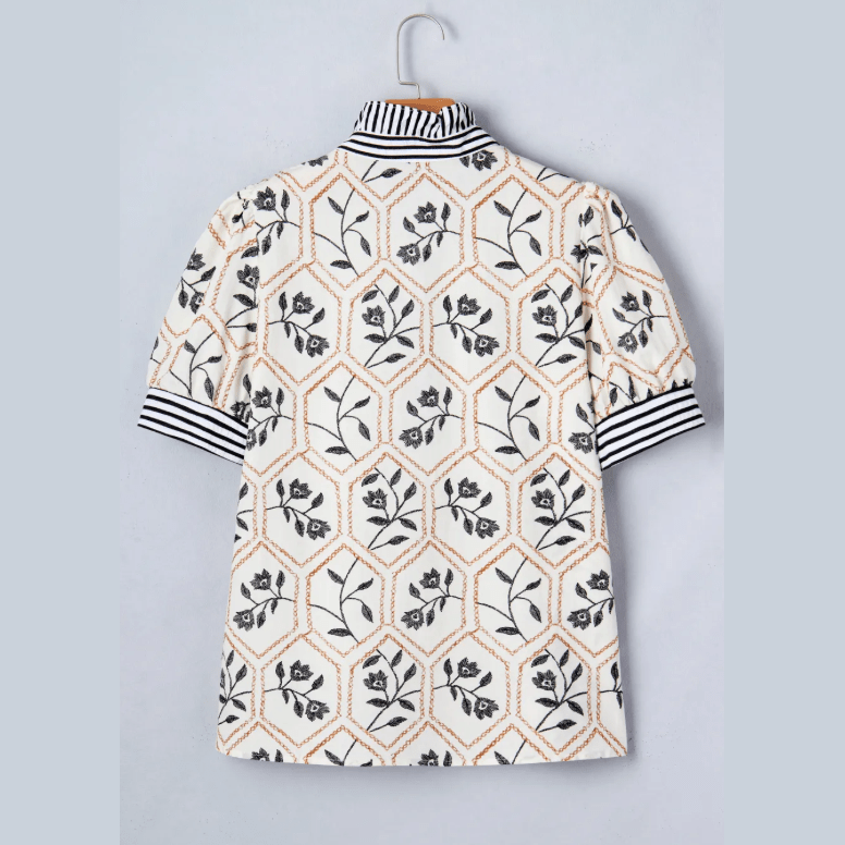 Tate Floral Print Striped Patchwork Button Neck Short Sleeve Blouse