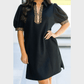 Jacklyn Black Leopard Patchwork Zip Collared Short Puff Sleeve Shift Mini Dress