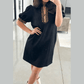 Jacklyn Black Leopard Patchwork Zip Collared Short Puff Sleeve Shift Mini Dress