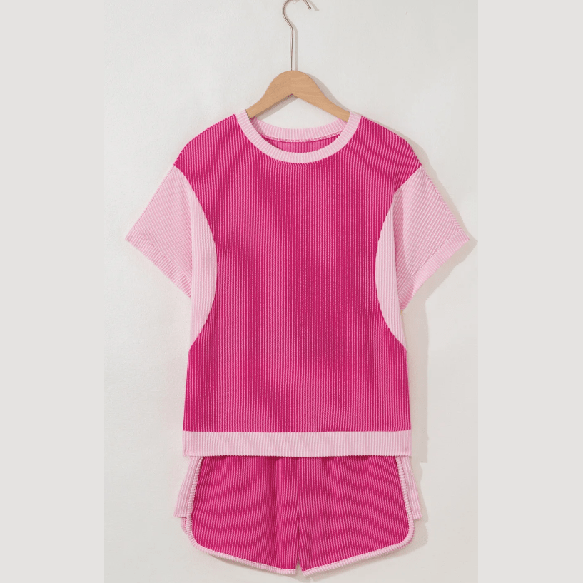 Norma 3D Spiral Ribbed Texture 2 Tones Patchwork Short Set