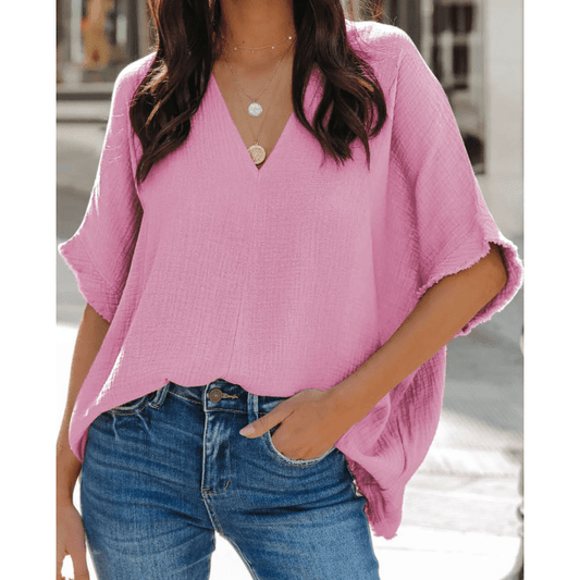 Korbyn Pink Frayed Batwing Sleeve Textured Cotton Blouse