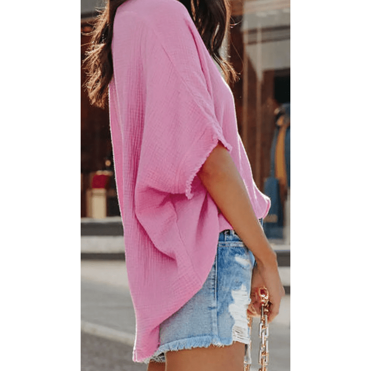 Korbyn Pink Frayed Batwing Sleeve Textured Cotton Blouse